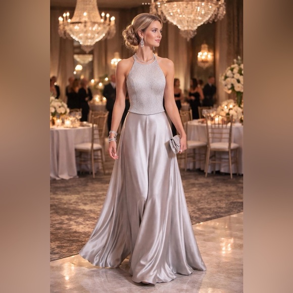 Michaelangelo Dresses & Skirts - Michelangelo Silver Formal Dress A-Line Glitter Bodice Satin Gala Gown Sz 8